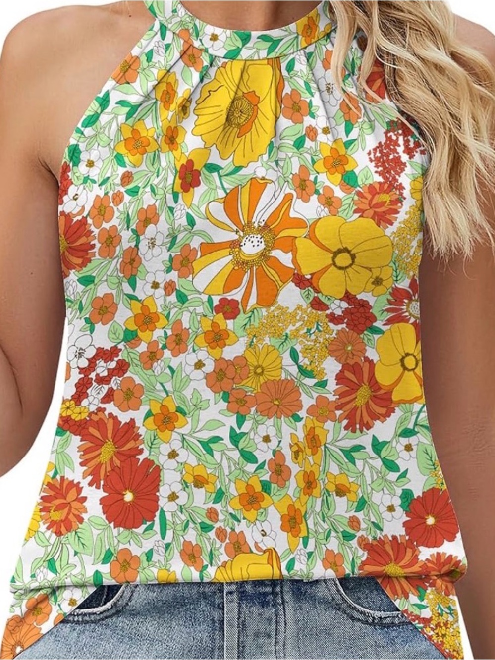 Flowered halter top with keyhole back high neck